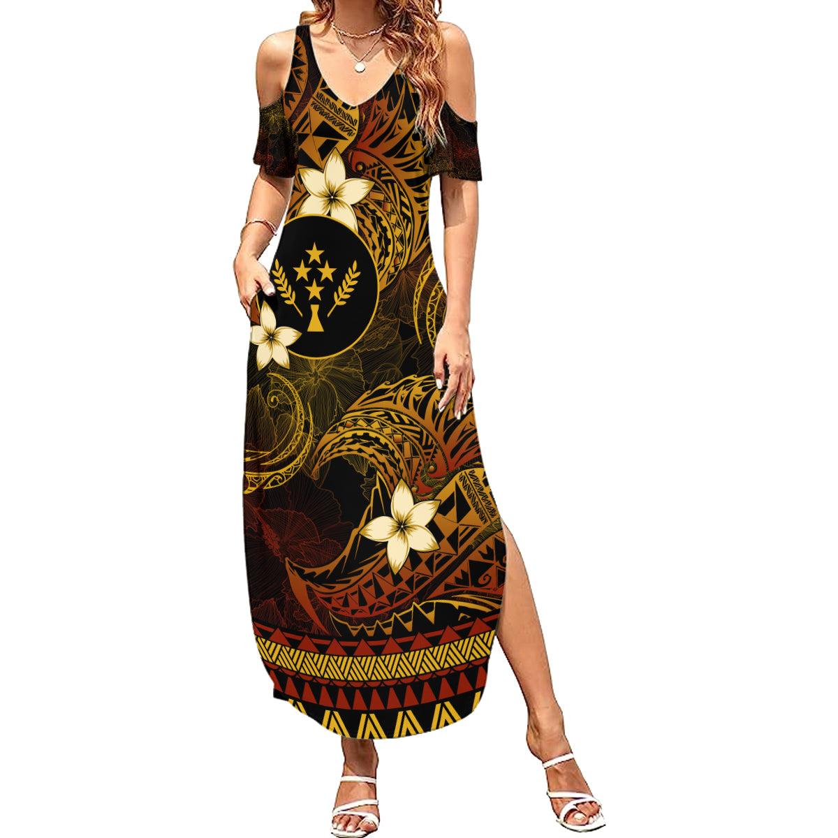 FSM Kosrae State Summer Maxi Dress Tribal Pattern Gold Version LT01 Women Gold - Polynesian Pride