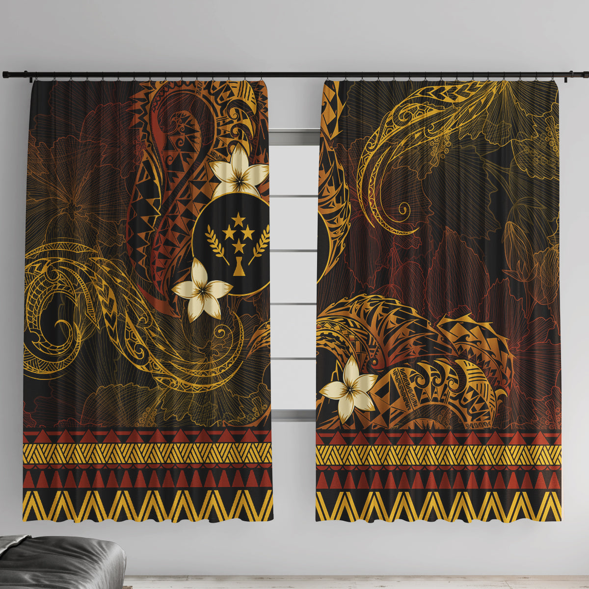 FSM Kosrae State Window Curtain Tribal Pattern Gold Version LT01 With Hooks Gold - Polynesian Pride