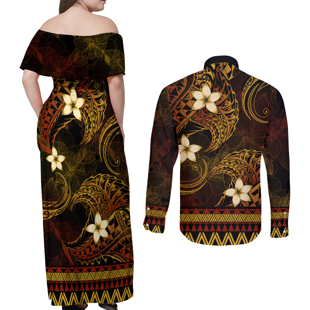 FSM Pohnpei State Couples Matching Off Shoulder Maxi Dress and Long Sleeve Button Shirt Tribal Pattern Gold Version LT01 - Polynesian Pride