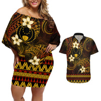 FSM Pohnpei State Couples Matching Off Shoulder Short Dress and Hawaiian Shirt Tribal Pattern Gold Version LT01 Gold - Polynesian Pride