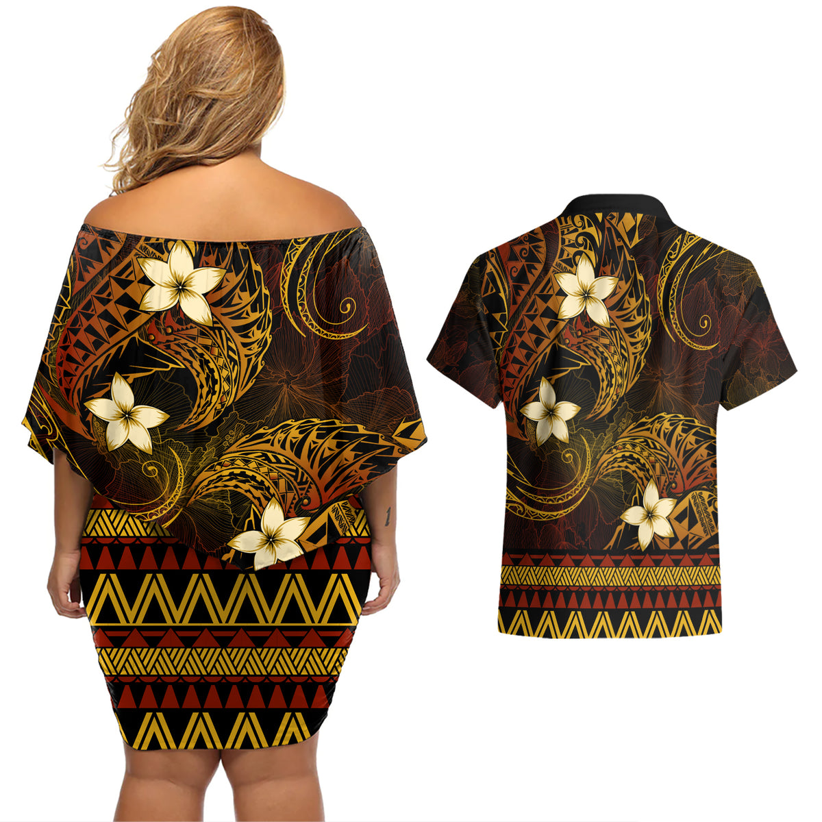 FSM Pohnpei State Couples Matching Off Shoulder Short Dress and Hawaiian Shirt Tribal Pattern Gold Version LT01 - Polynesian Pride
