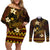 FSM Pohnpei State Couples Matching Off Shoulder Short Dress and Long Sleeve Button Shirt Tribal Pattern Gold Version LT01 Gold - Polynesian Pride