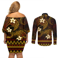 FSM Pohnpei State Couples Matching Off Shoulder Short Dress and Long Sleeve Button Shirt Tribal Pattern Gold Version LT01 - Polynesian Pride