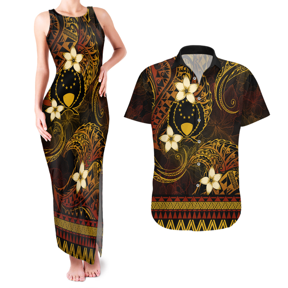 FSM Pohnpei State Couples Matching Tank Maxi Dress and Hawaiian Shirt Tribal Pattern Gold Version LT01 Gold - Polynesian Pride