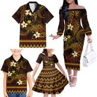 FSM Pohnpei State Family Matching Off Shoulder Long Sleeve Dress and Hawaiian Shirt Tribal Pattern Gold Version LT01 - Polynesian Pride
