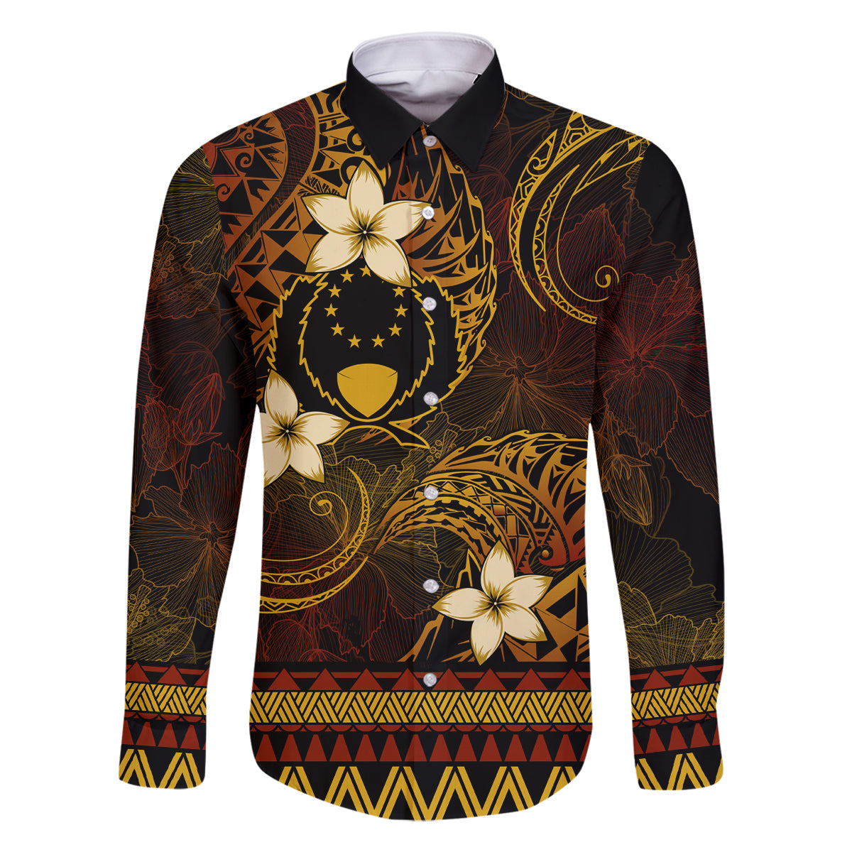 FSM Pohnpei State Family Matching Off Shoulder Long Sleeve Dress and Hawaiian Shirt Tribal Pattern Gold Version LT01 Dad's Shirt - Long Sleeve Gold - Polynesian Pride