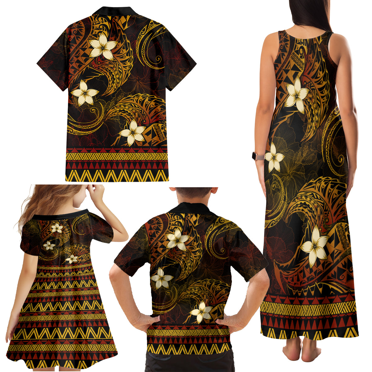 FSM Pohnpei State Family Matching Tank Maxi Dress and Hawaiian Shirt Tribal Pattern Gold Version LT01 - Polynesian Pride