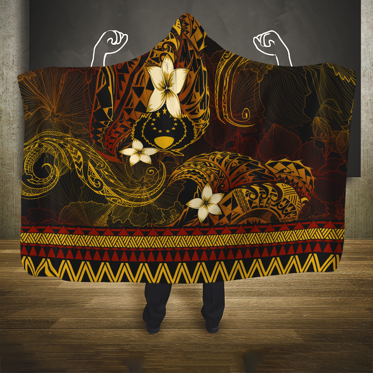 FSM Pohnpei State Hooded Blanket Tribal Pattern Gold Version LT01 One Size Gold - Polynesian Pride