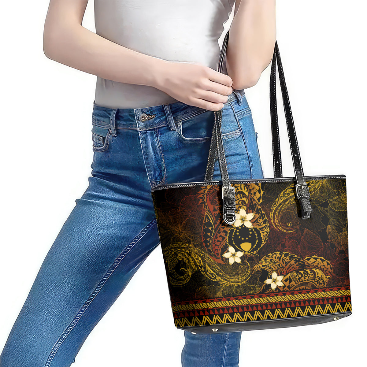 FSM Pohnpei State Leather Tote Bag Tribal Pattern Gold Version