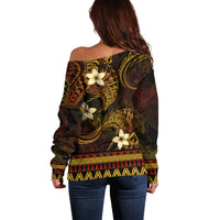 FSM Pohnpei State Off Shoulder Sweater Tribal Pattern Gold Version LT01 - Polynesian Pride