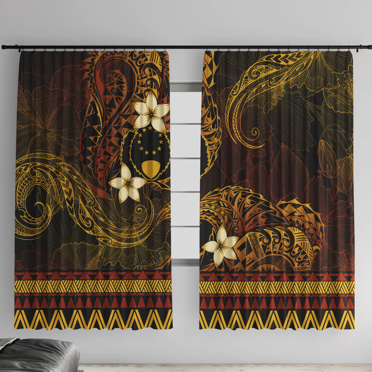 FSM Pohnpei State Window Curtain Tribal Pattern Gold Version LT01 With Hooks Gold - Polynesian Pride