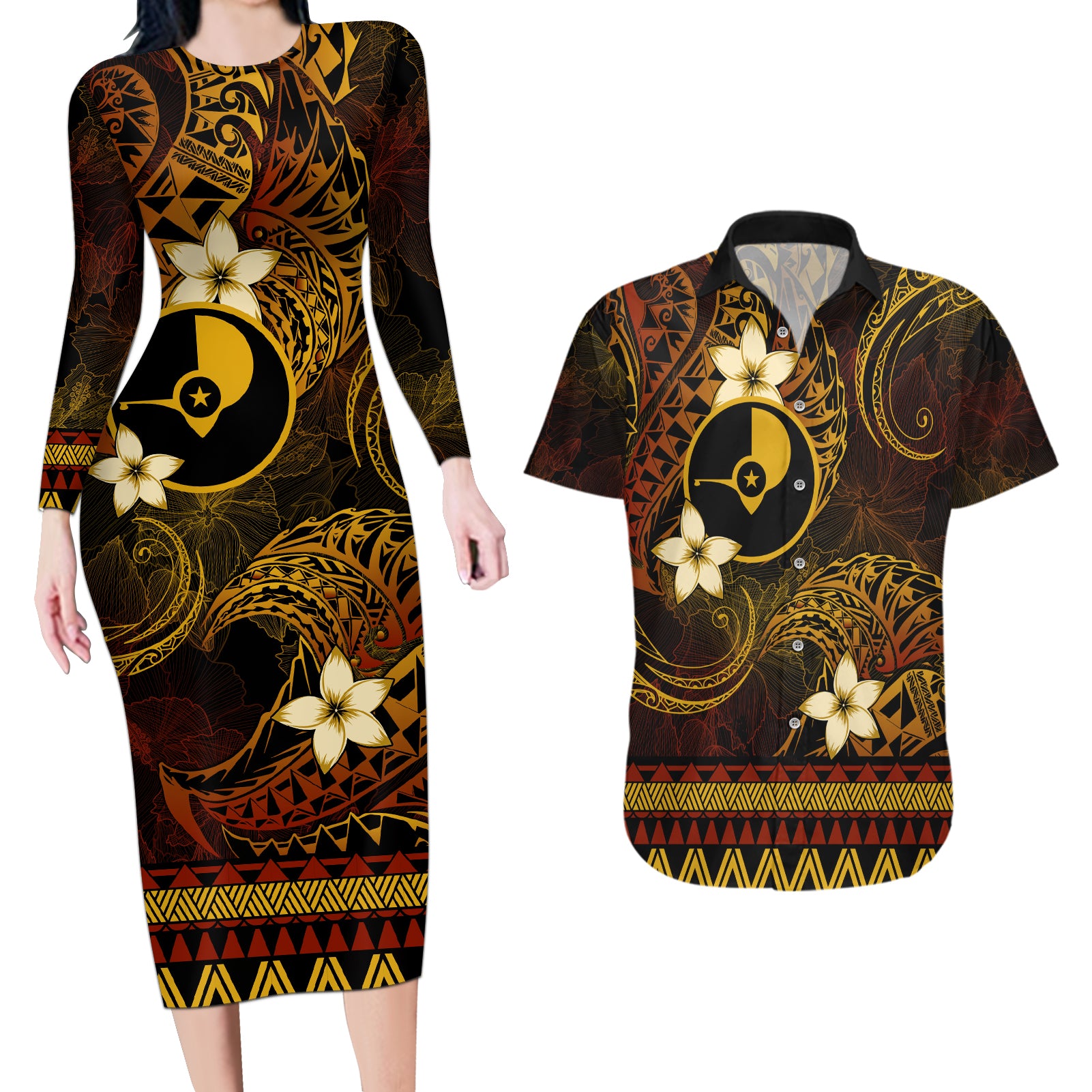 FSM Yap State Couples Matching Long Sleeve Bodycon Dress and Hawaiian Shirt Tribal Pattern Gold Version LT01 Gold - Polynesian Pride