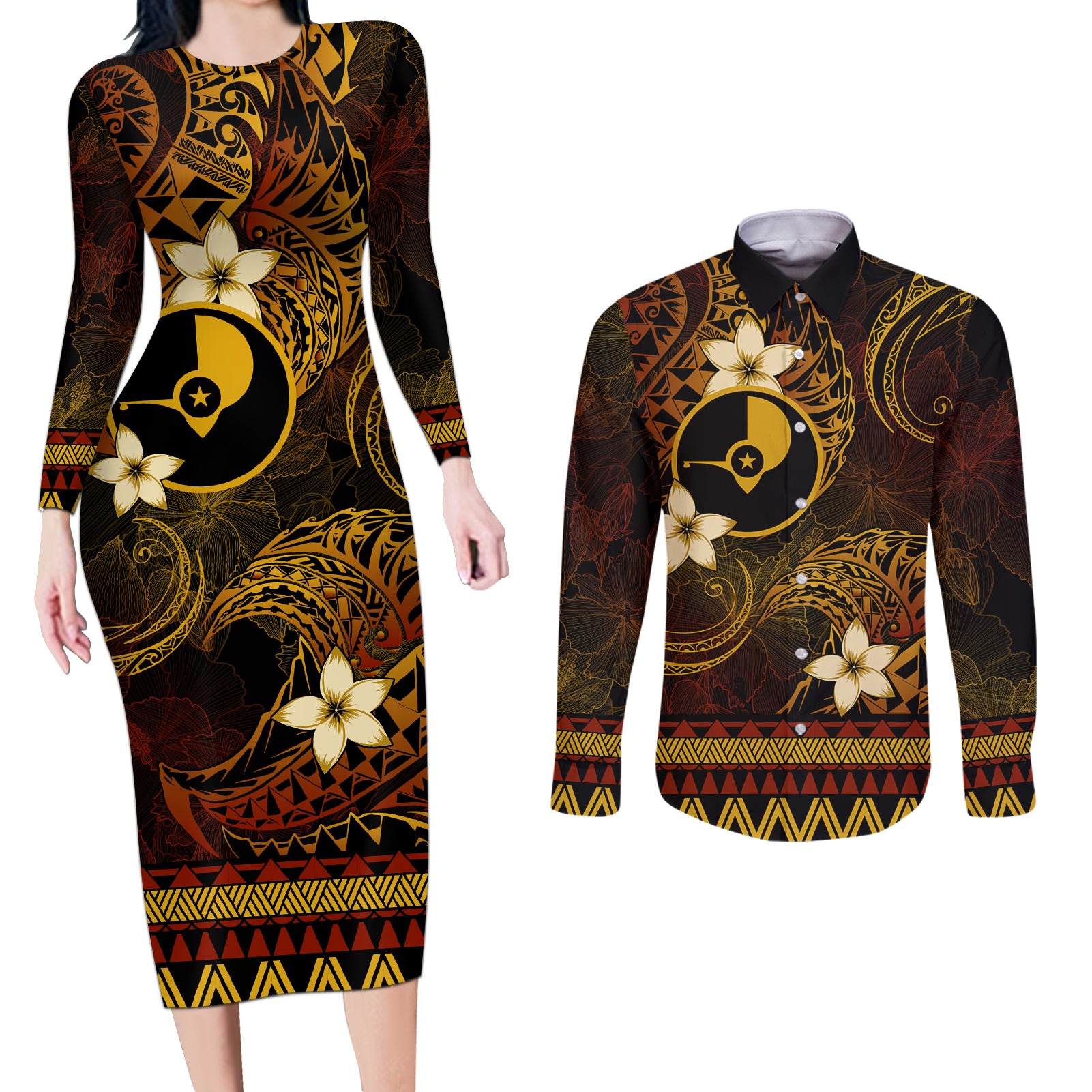 FSM Yap State Couples Matching Long Sleeve Bodycon Dress and Long Sleeve Button Shirt Tribal Pattern Gold Version LT01 Gold - Polynesian Pride