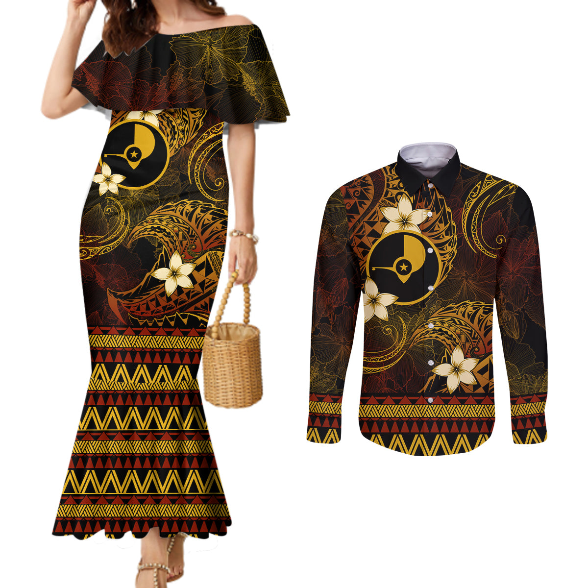 FSM Yap State Couples Matching Mermaid Dress and Long Sleeve Button Shirt Tribal Pattern Gold Version LT01 Gold - Polynesian Pride
