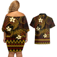 FSM Yap State Couples Matching Off Shoulder Short Dress and Hawaiian Shirt Tribal Pattern Gold Version LT01 - Polynesian Pride
