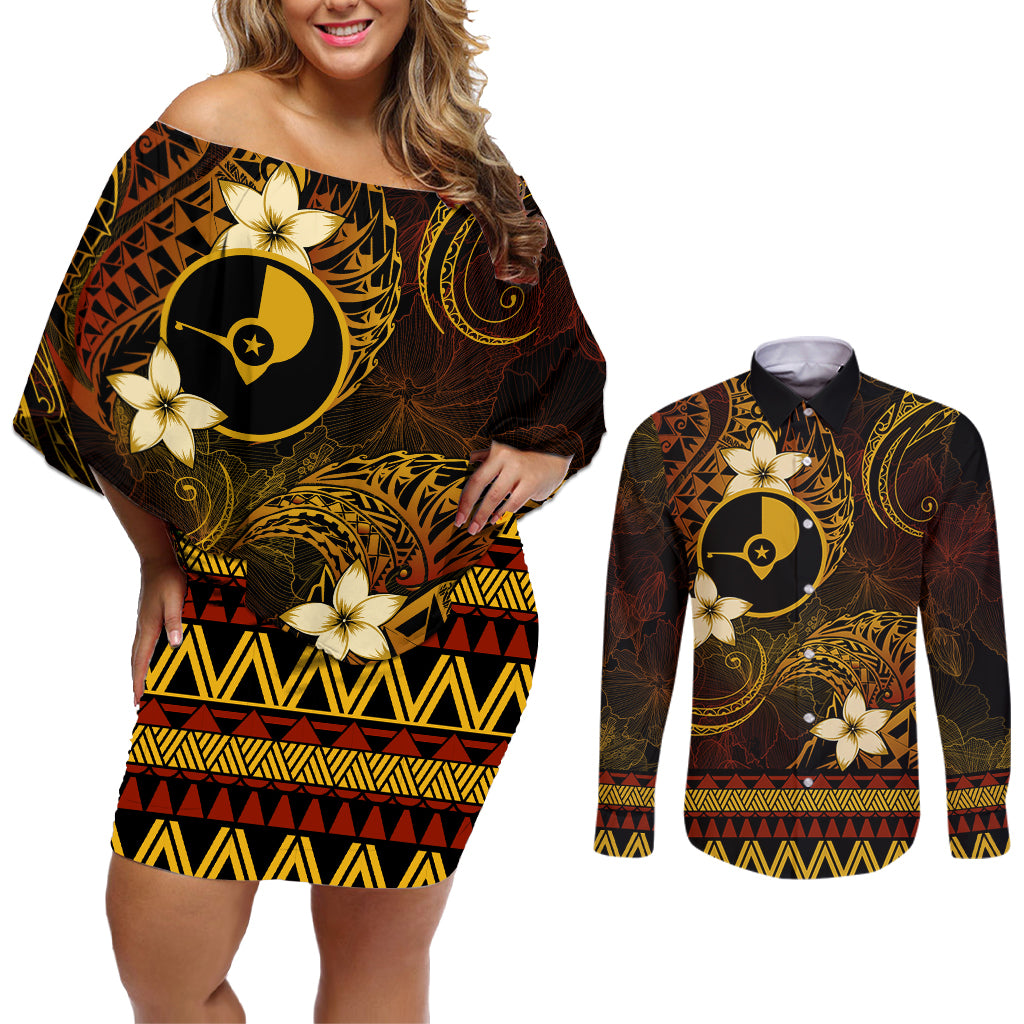 FSM Yap State Couples Matching Off Shoulder Short Dress and Long Sleeve Button Shirt Tribal Pattern Gold Version LT01 Gold - Polynesian Pride