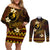 FSM Yap State Couples Matching Off Shoulder Short Dress and Long Sleeve Button Shirt Tribal Pattern Gold Version LT01 Gold - Polynesian Pride