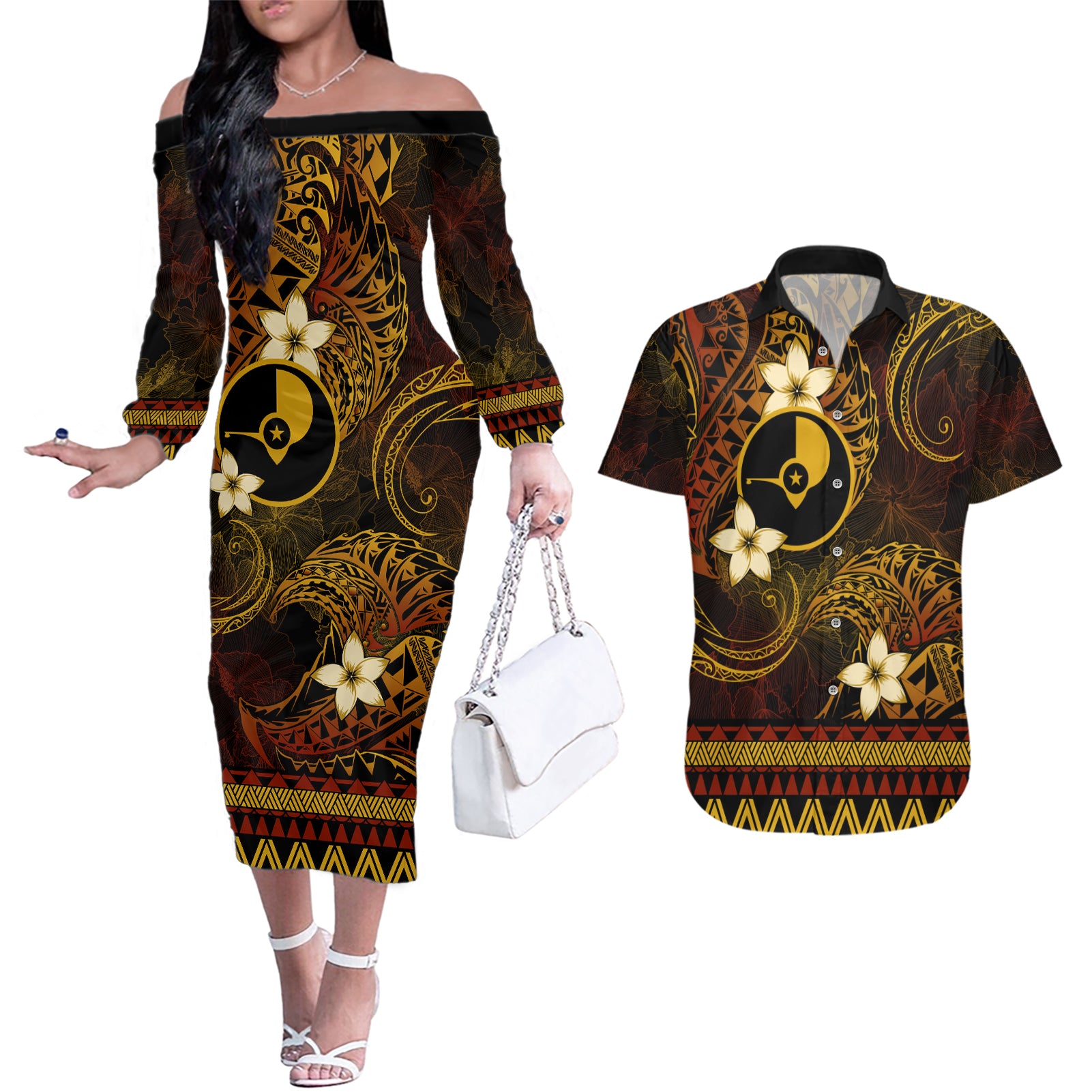 FSM Yap State Couples Matching Off The Shoulder Long Sleeve Dress and Hawaiian Shirt Tribal Pattern Gold Version LT01 Gold - Polynesian Pride