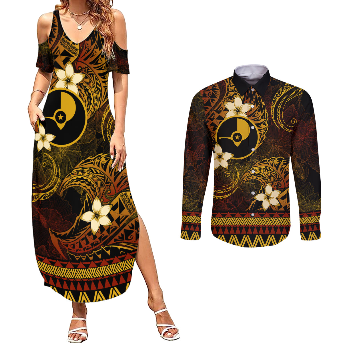 FSM Yap State Couples Matching Summer Maxi Dress and Long Sleeve Button Shirt Tribal Pattern Gold Version LT01 Gold - Polynesian Pride