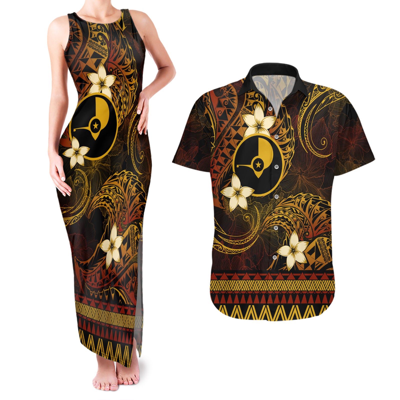 FSM Yap State Couples Matching Tank Maxi Dress and Hawaiian Shirt Tribal Pattern Gold Version LT01 Gold - Polynesian Pride