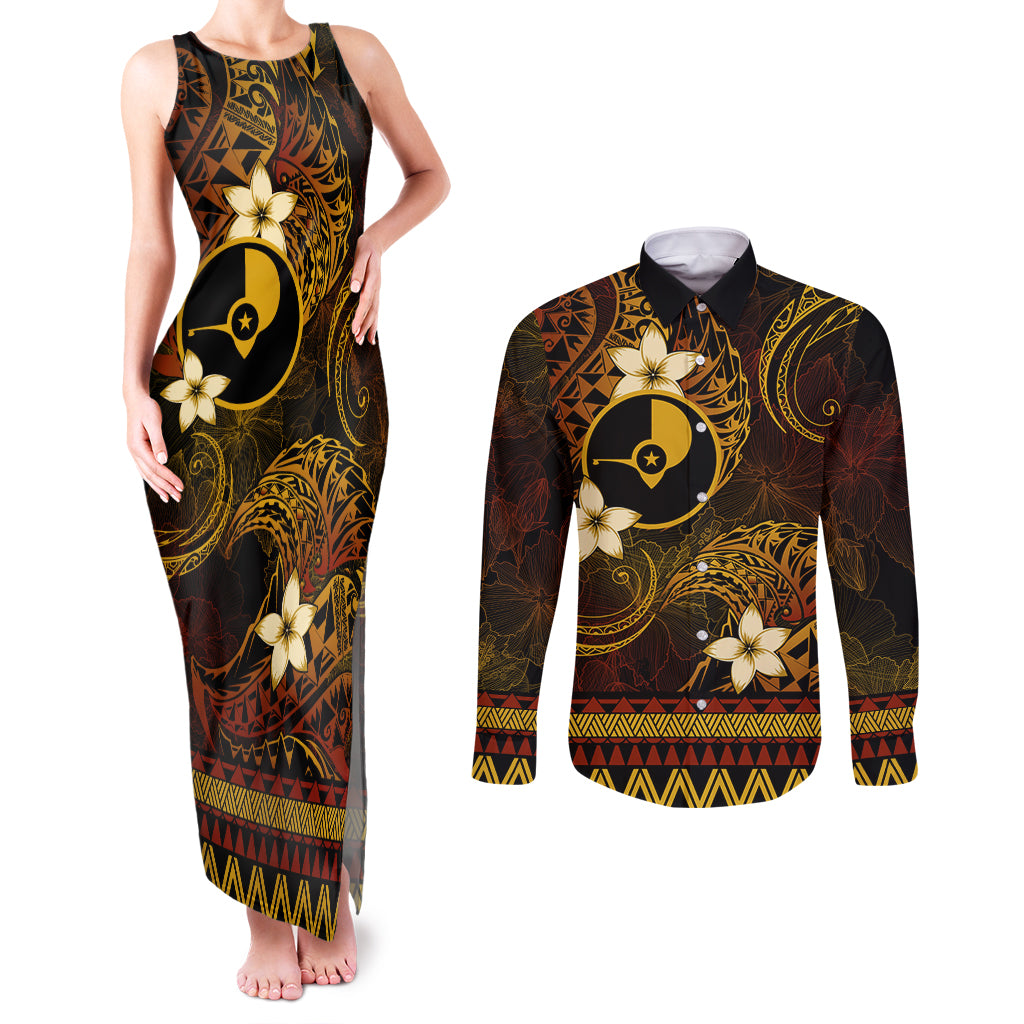 FSM Yap State Couples Matching Tank Maxi Dress and Long Sleeve Button Shirt Tribal Pattern Gold Version LT01 Gold - Polynesian Pride