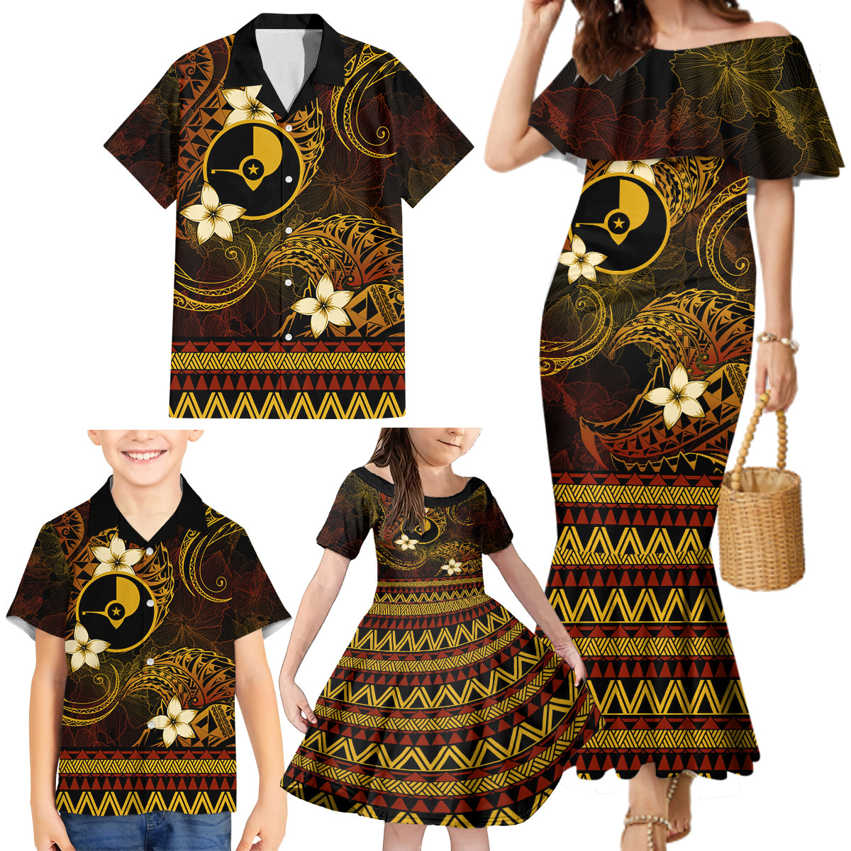 FSM Yap State Family Matching Mermaid Dress and Hawaiian Shirt Tribal Pattern Gold Version LT01 - Polynesian Pride