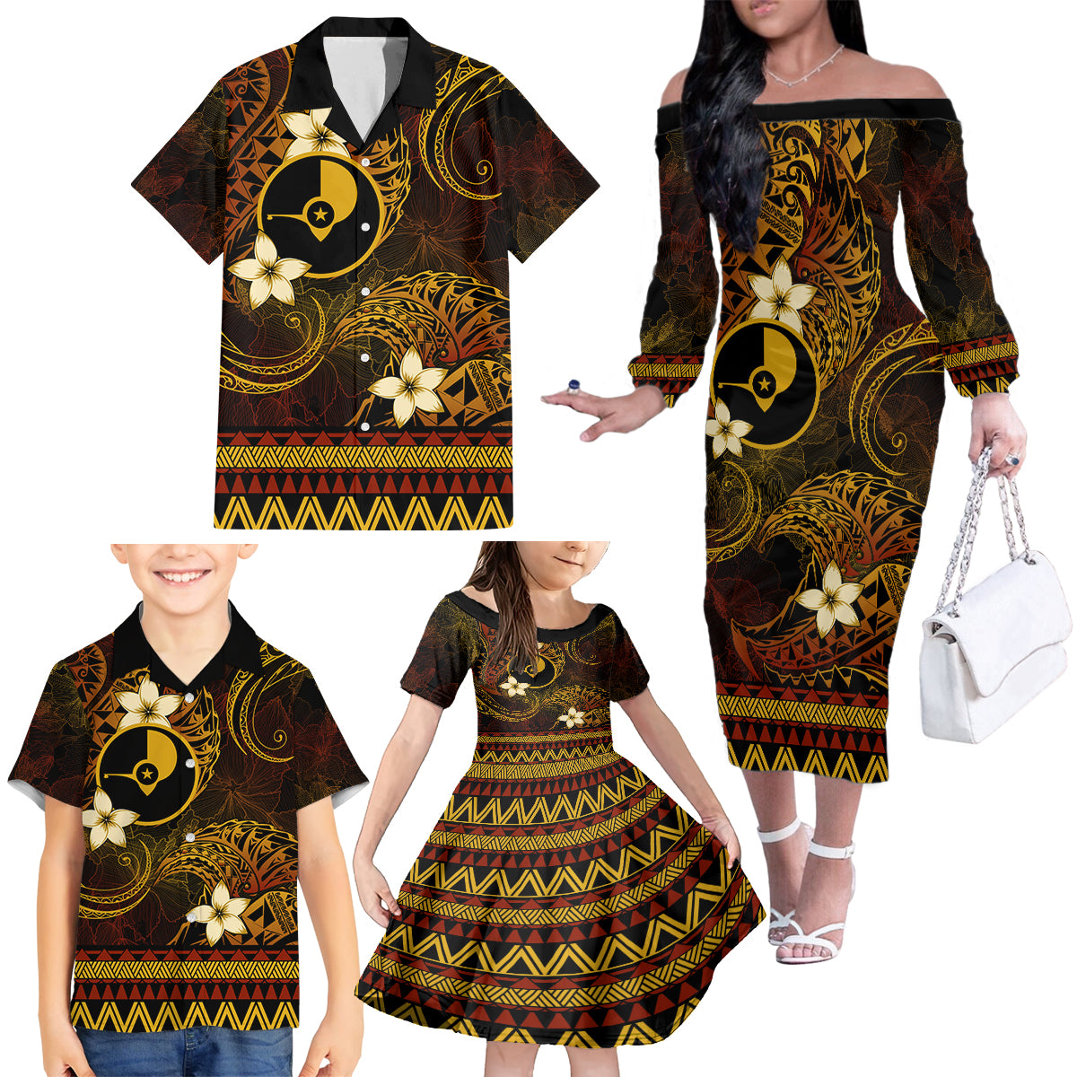 FSM Yap State Family Matching Off Shoulder Long Sleeve Dress and Hawaiian Shirt Tribal Pattern Gold Version LT01 - Polynesian Pride