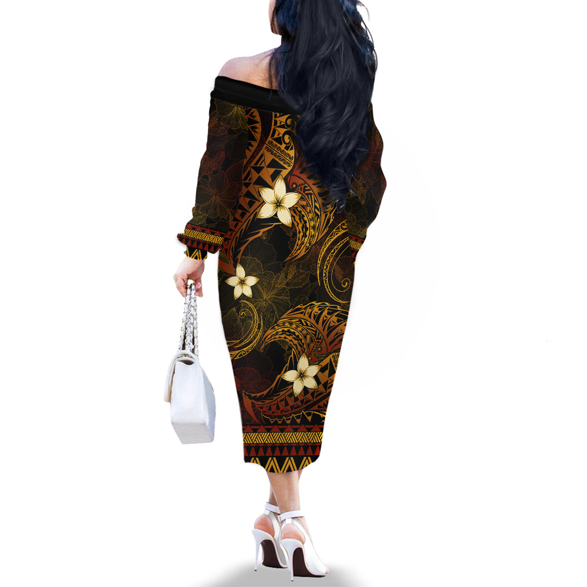 FSM Yap State Family Matching Off Shoulder Long Sleeve Dress and Hawaiian Shirt Tribal Pattern Gold Version LT01 - Polynesian Pride