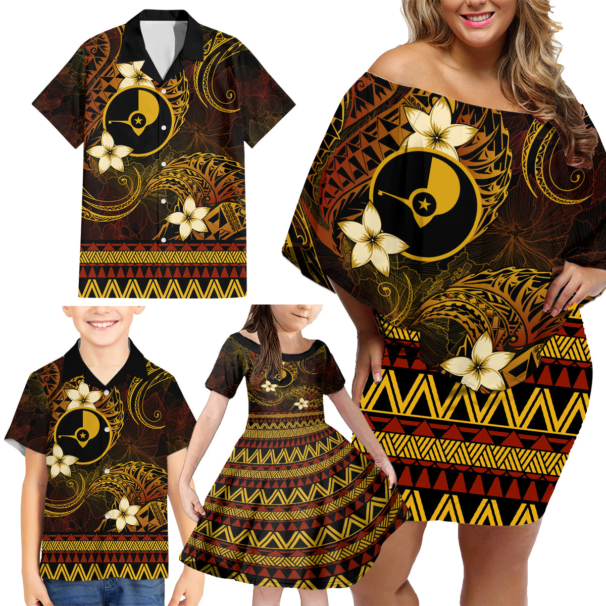 FSM Yap State Family Matching Off Shoulder Short Dress and Hawaiian Shirt Tribal Pattern Gold Version LT01 - Polynesian Pride