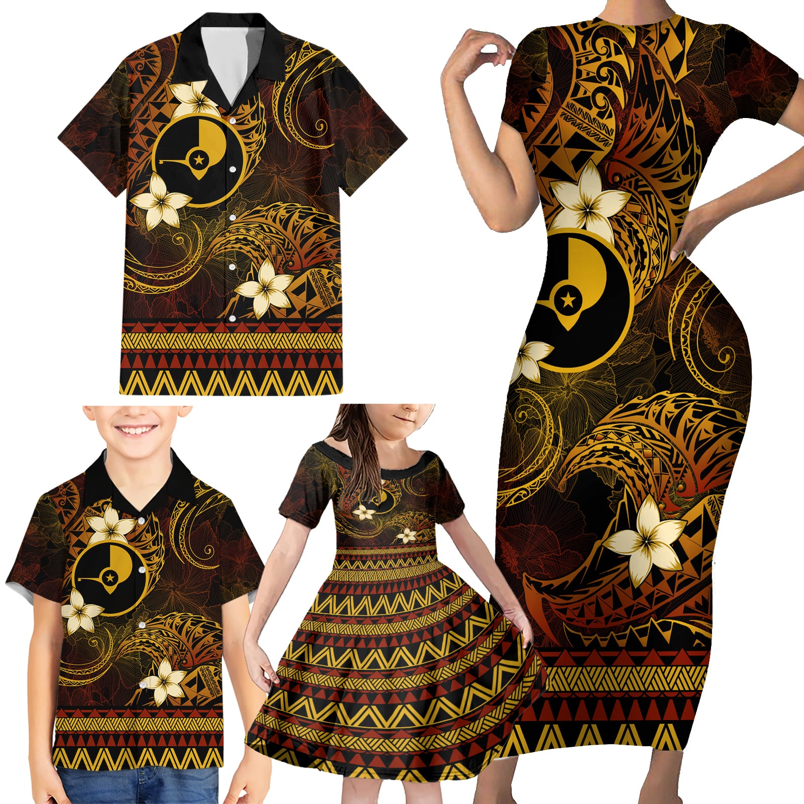 FSM Yap State Family Matching Short Sleeve Bodycon Dress and Hawaiian Shirt Tribal Pattern Gold Version LT01 - Polynesian Pride