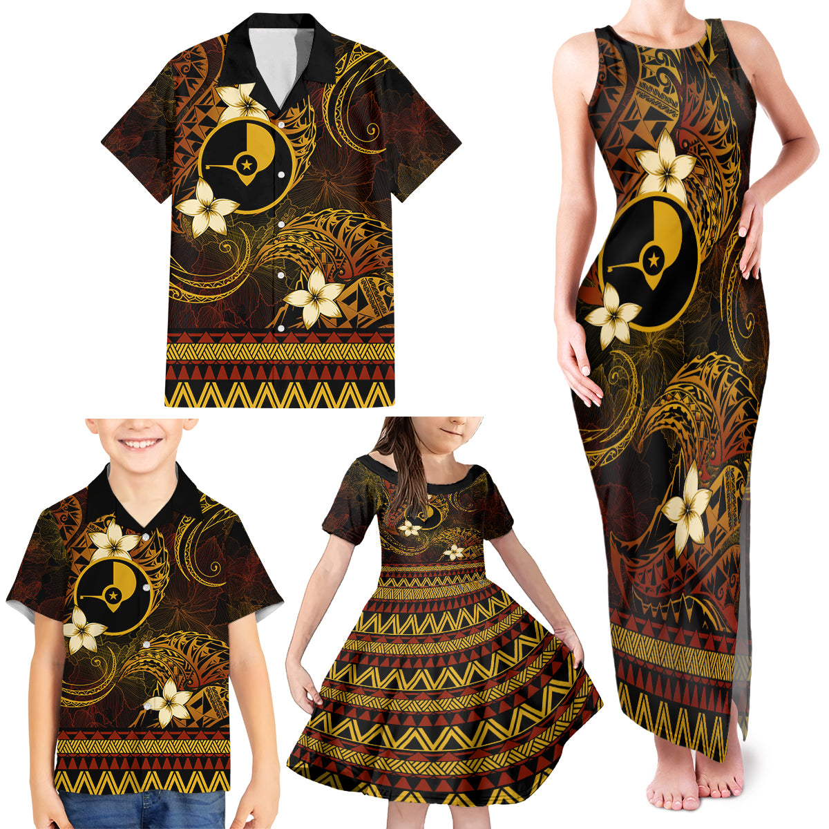 FSM Yap State Family Matching Tank Maxi Dress and Hawaiian Shirt Tribal Pattern Gold Version LT01 - Polynesian Pride