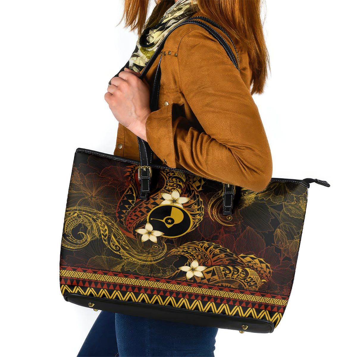 FSM Yap State Leather Tote Bag Tribal Pattern Gold Version