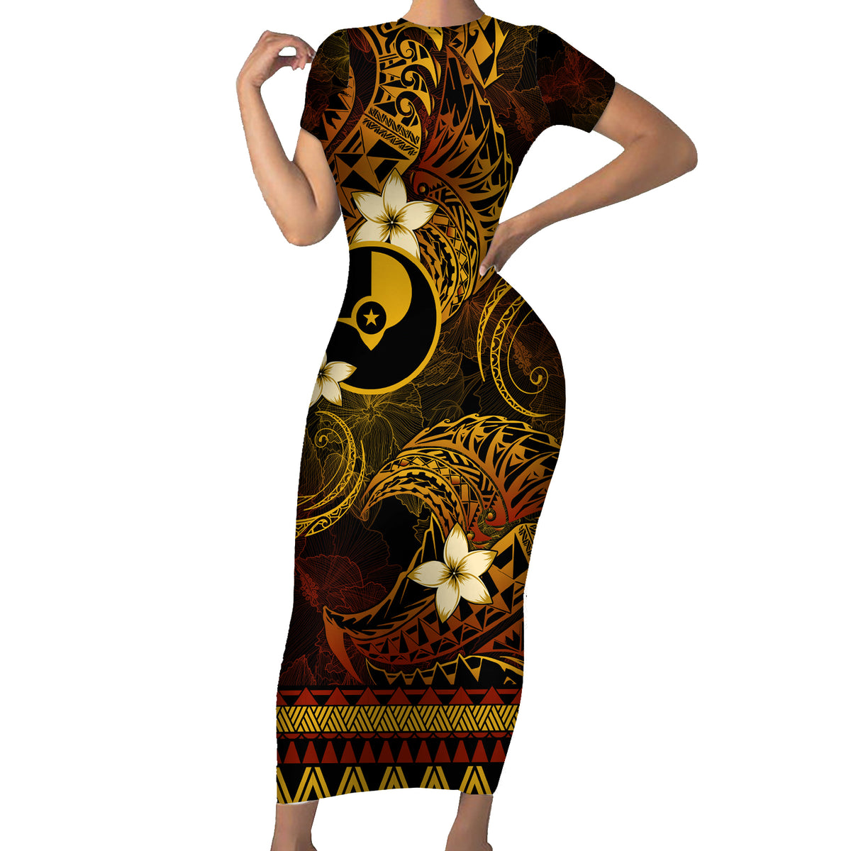 FSM Yap State Short Sleeve Bodycon Dress Tribal Pattern Gold Version L