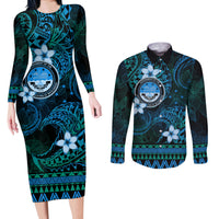 FSM Culture Day Couples Matching Long Sleeve Bodycon Dress and Long Sleeve Button Shirt Tribal Pattern Ocean Version LT01 Blue - Polynesian Pride