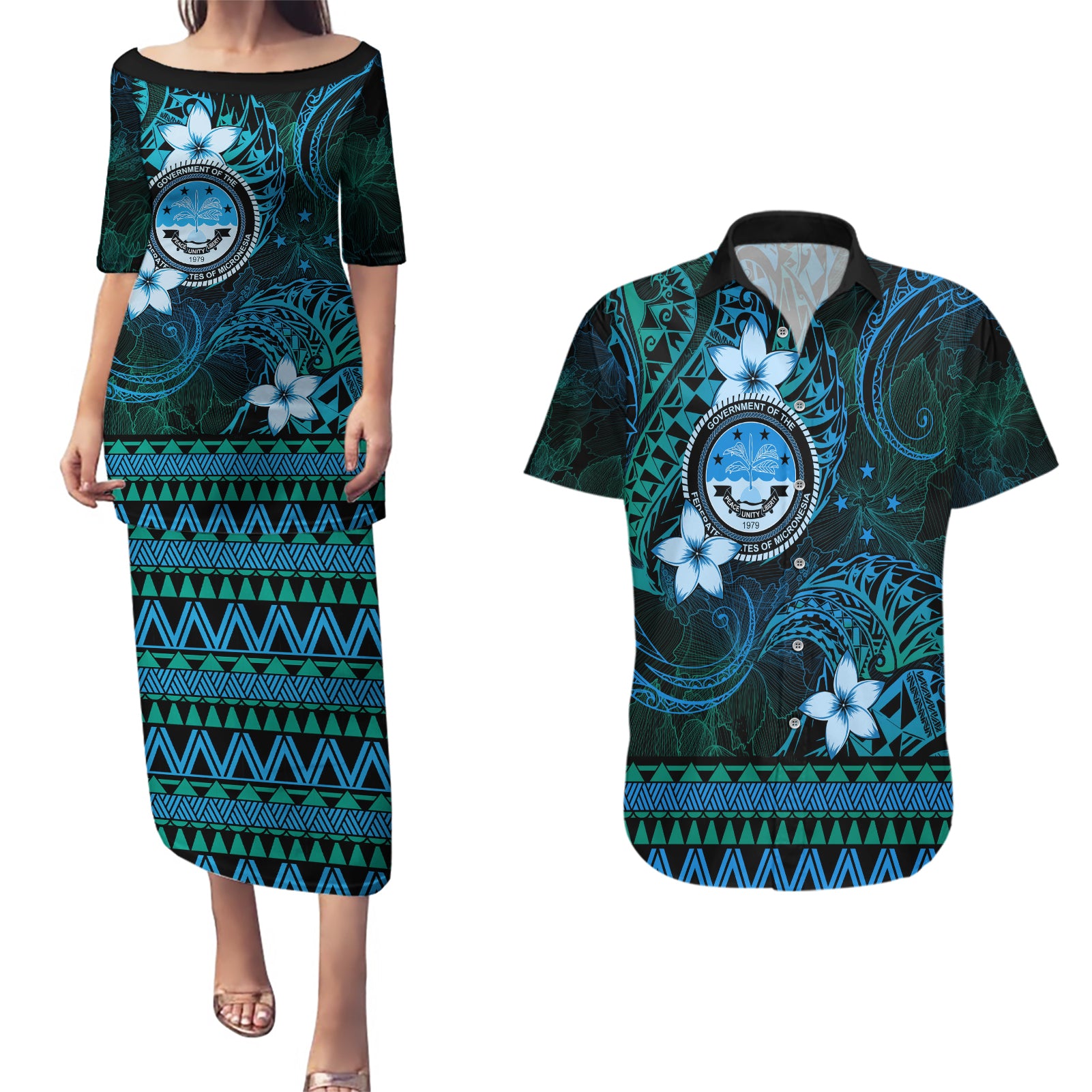 FSM Culture Day Couples Matching Puletasi and Hawaiian Shirt Tribal Pattern Ocean Version LT01 Blue - Polynesian Pride