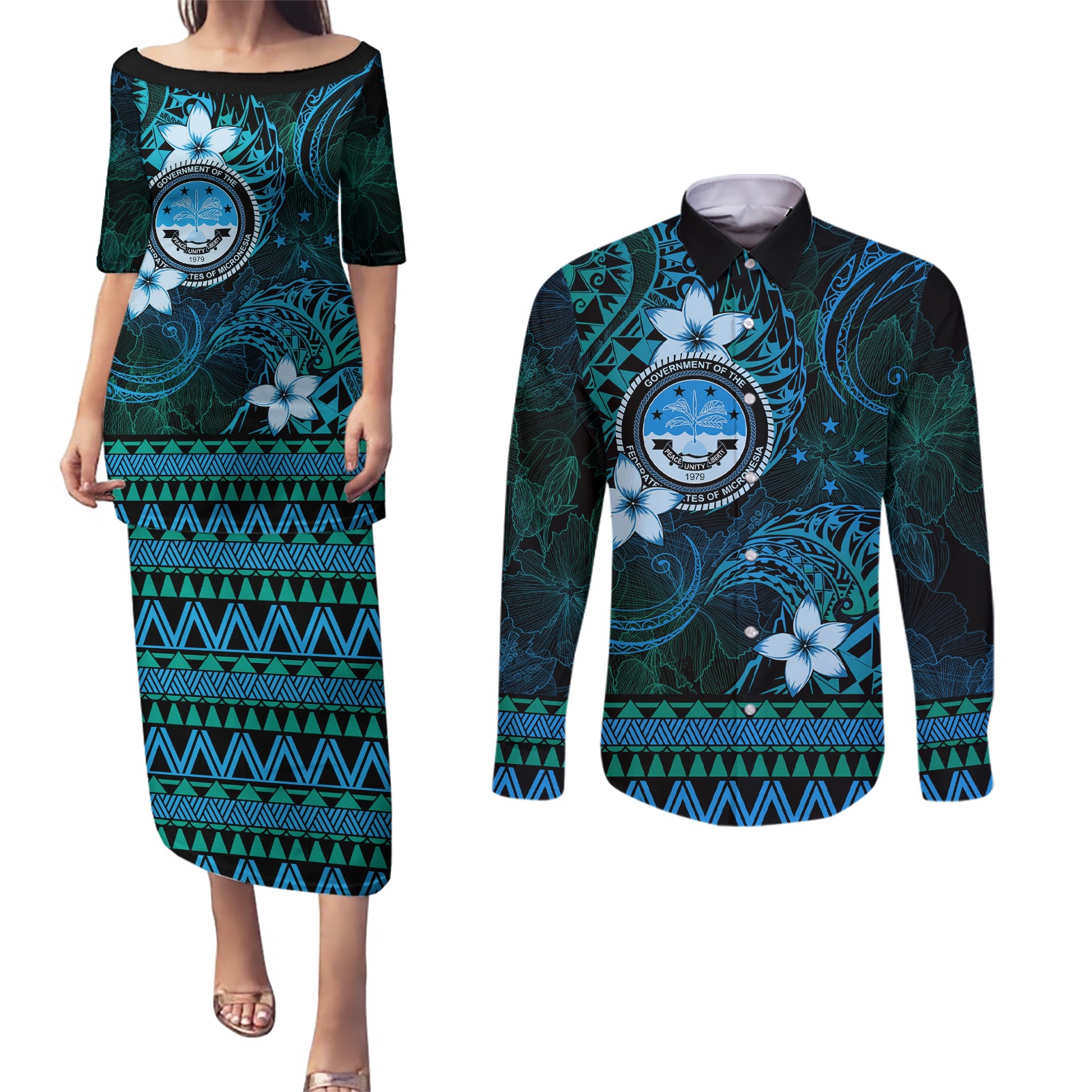 FSM Culture Day Couples Matching Puletasi and Long Sleeve Button Shirt Tribal Pattern Ocean Version LT01 Blue - Polynesian Pride
