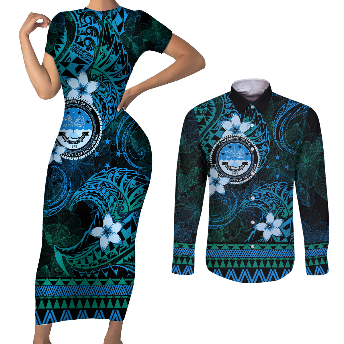 FSM Culture Day Couples Matching Short Sleeve Bodycon Dress and Long Sleeve Button Shirt Tribal Pattern Ocean Version LT01 Blue - Polynesian Pride