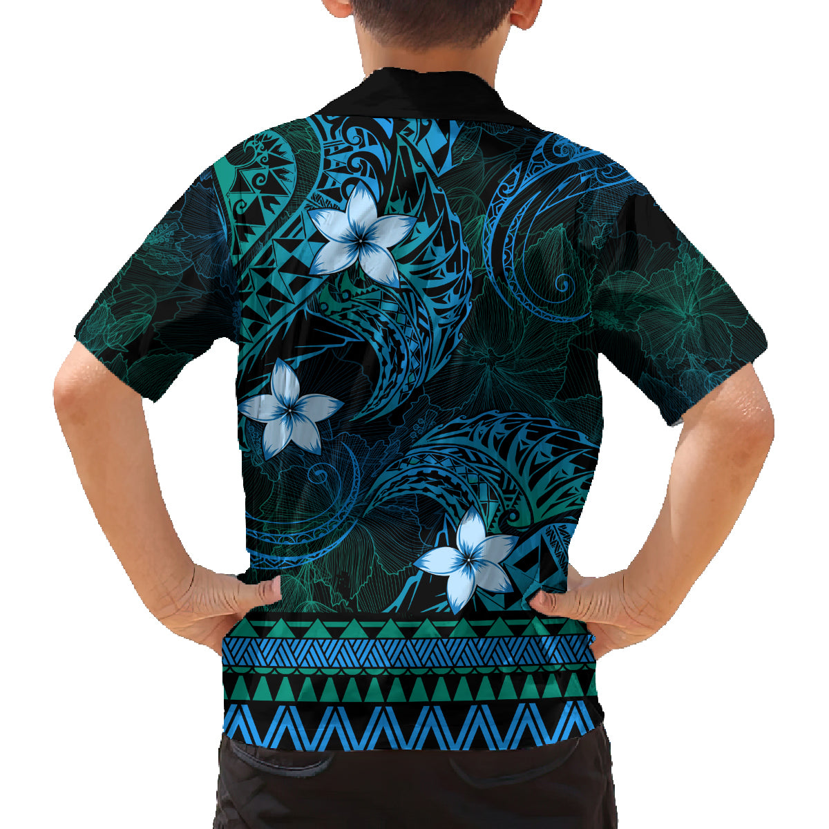 FSM Culture Day Family Matching Off Shoulder Maxi Dress and Hawaiian Shirt Tribal Pattern Ocean Version LT01 - Polynesian Pride