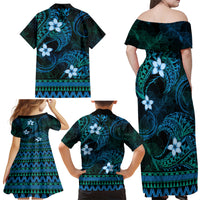 FSM Culture Day Family Matching Off Shoulder Maxi Dress and Hawaiian Shirt Tribal Pattern Ocean Version LT01 - Polynesian Pride