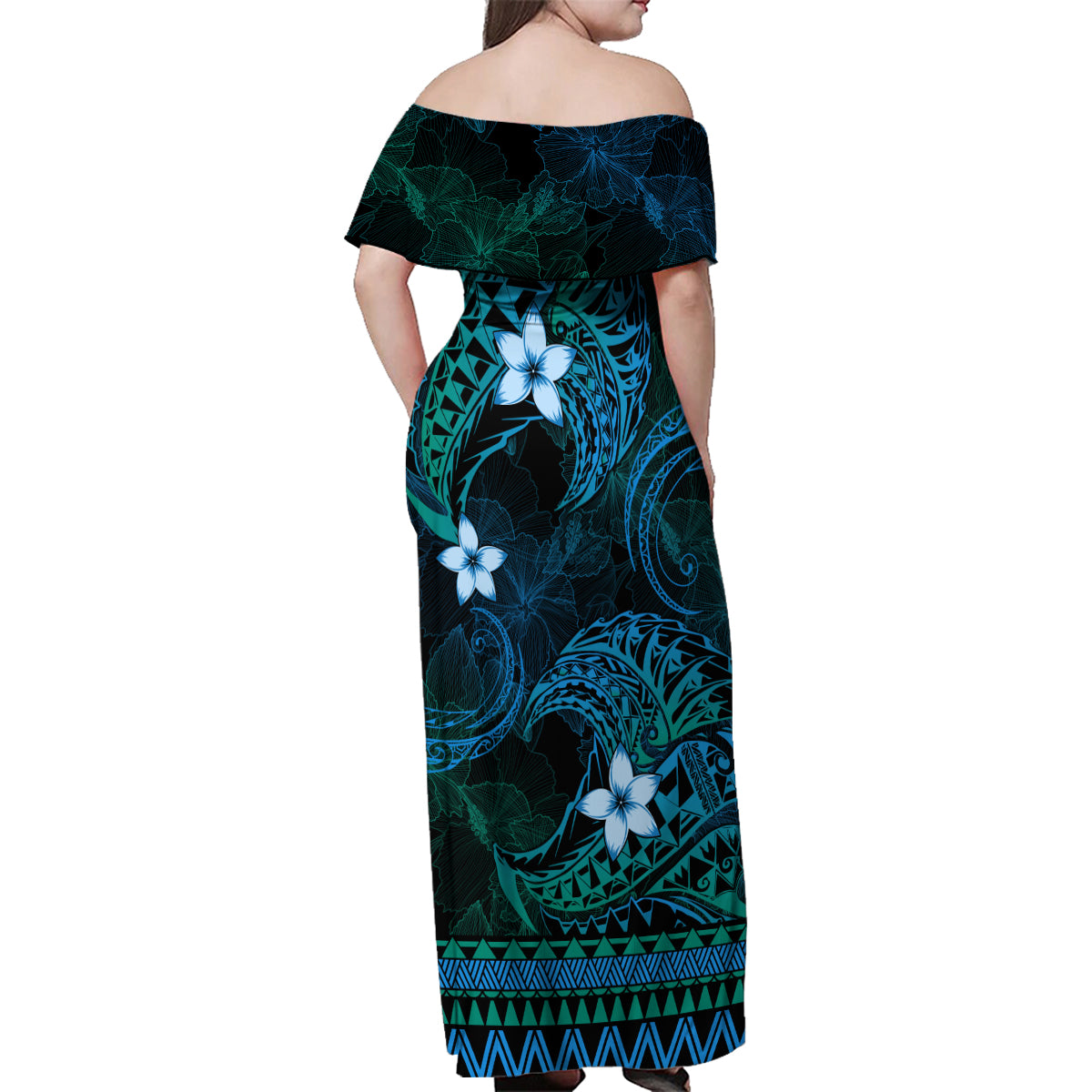 FSM Culture Day Family Matching Off Shoulder Maxi Dress and Hawaiian Shirt Tribal Pattern Ocean Version LT01 - Polynesian Pride