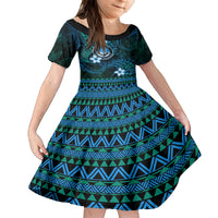 FSM Culture Day Family Matching Off Shoulder Short Dress and Hawaiian Shirt Tribal Pattern Ocean Version LT01 Daughter's Dress Blue - Polynesian Pride