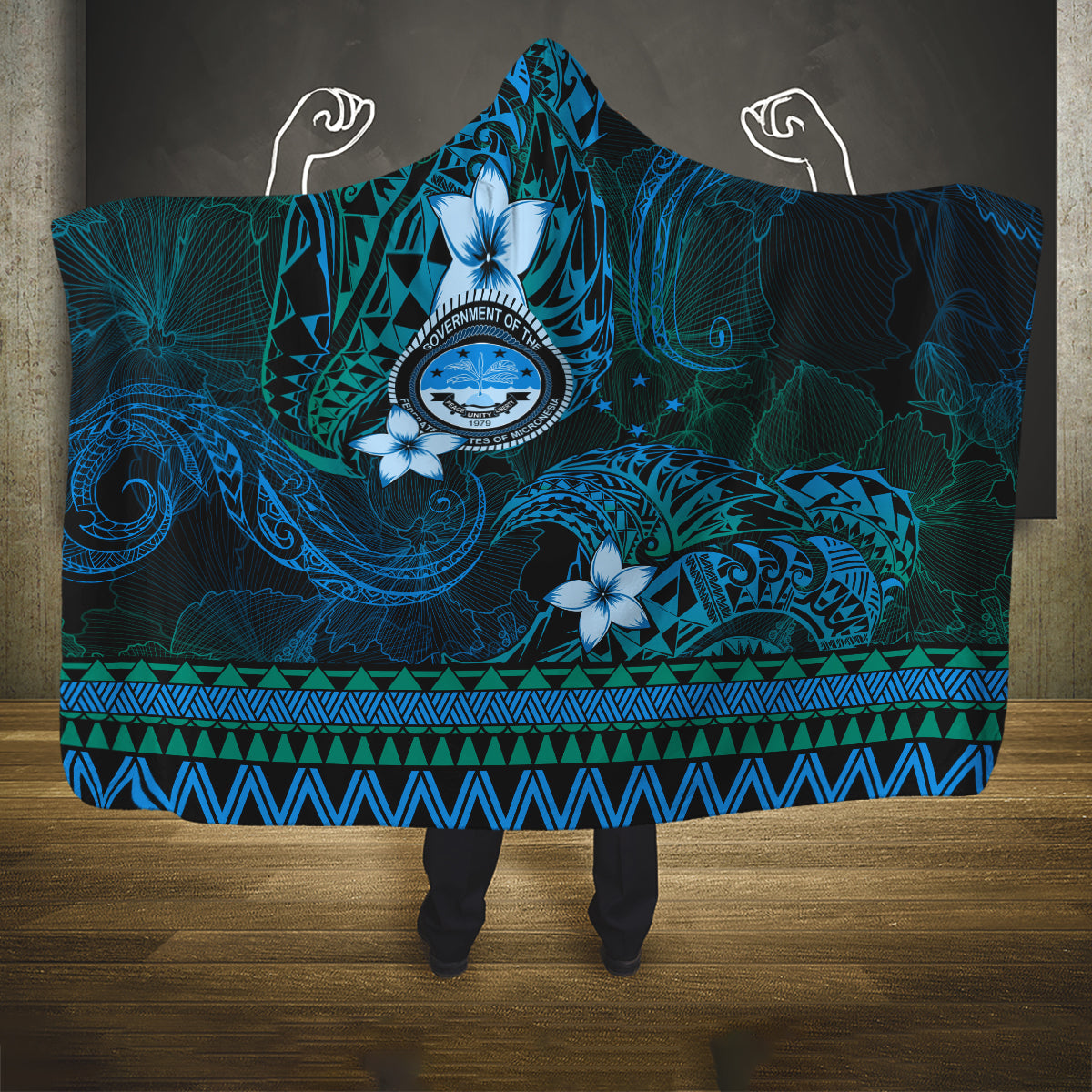 FSM Culture Day Hooded Blanket Tribal Pattern Ocean Version