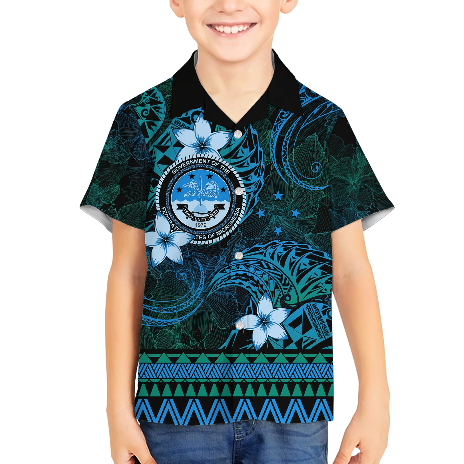 FSM Culture Day Kid Hawaiian Shirt Tribal Pattern Ocean Version LT01 Kid Blue - Polynesian Pride