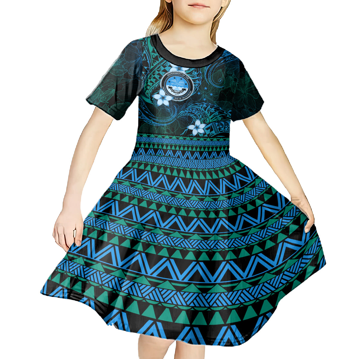 FSM Culture Day Kid Short Sleeve Dress Tribal Pattern Ocean Version LT01 - Polynesian Pride