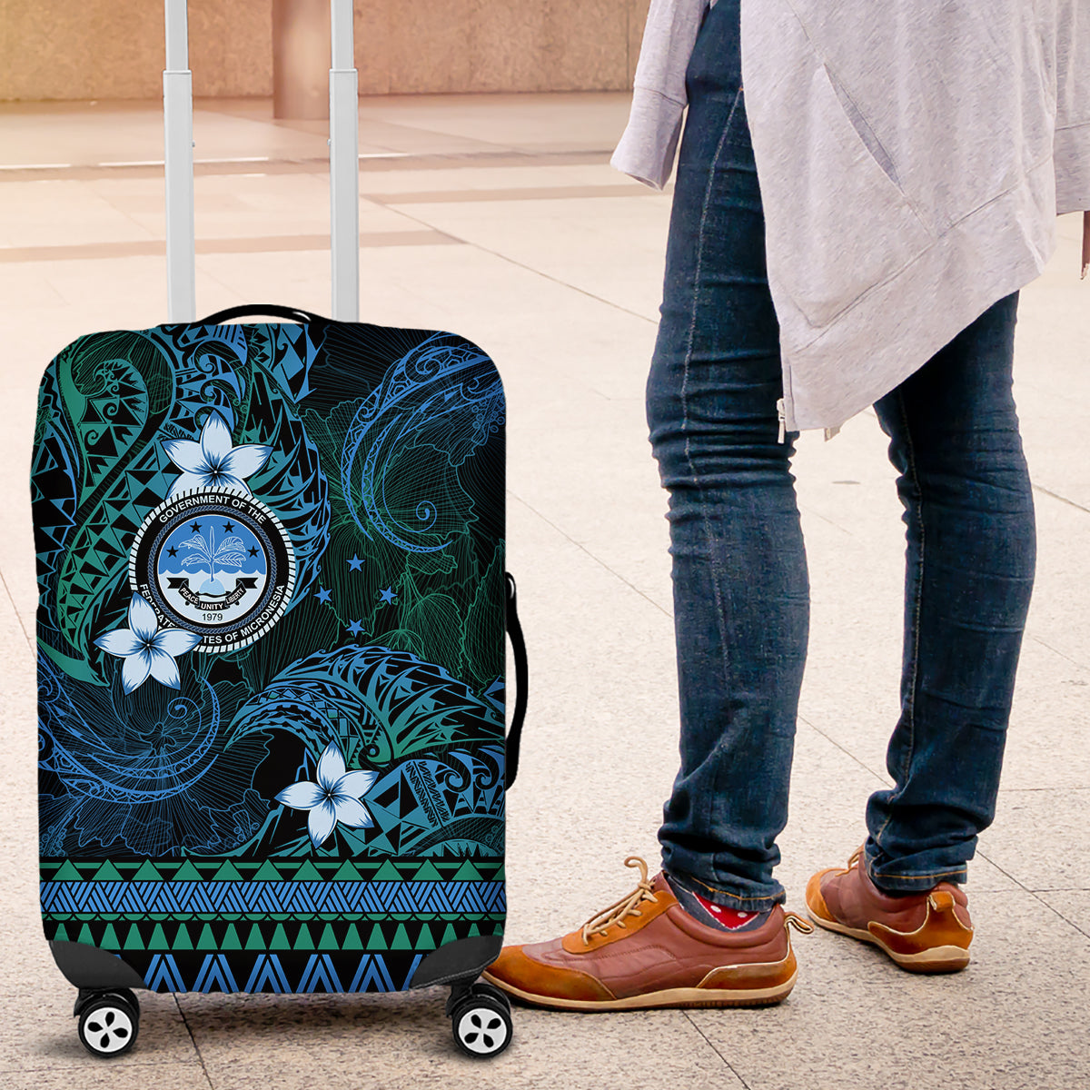 FSM Culture Day Luggage Cover Tribal Pattern Ocean Version