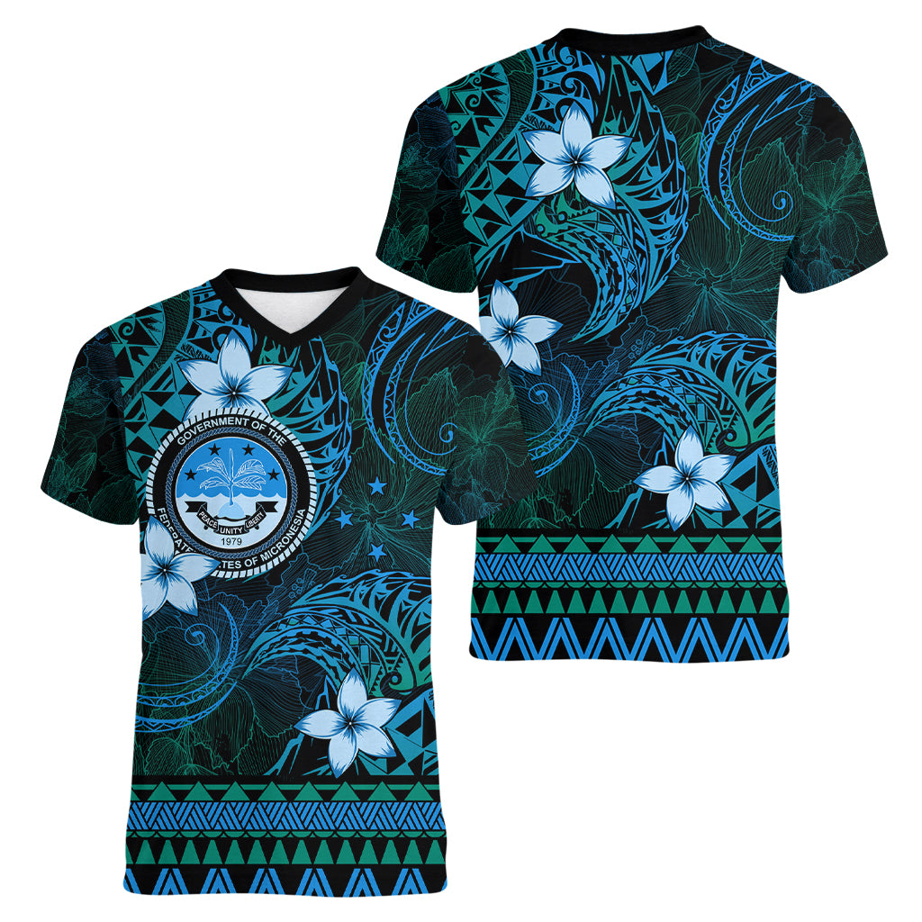 FSM Culture Day Women V Neck T Shirt Tribal Pattern Ocean Version LT01 - Polynesian Pride