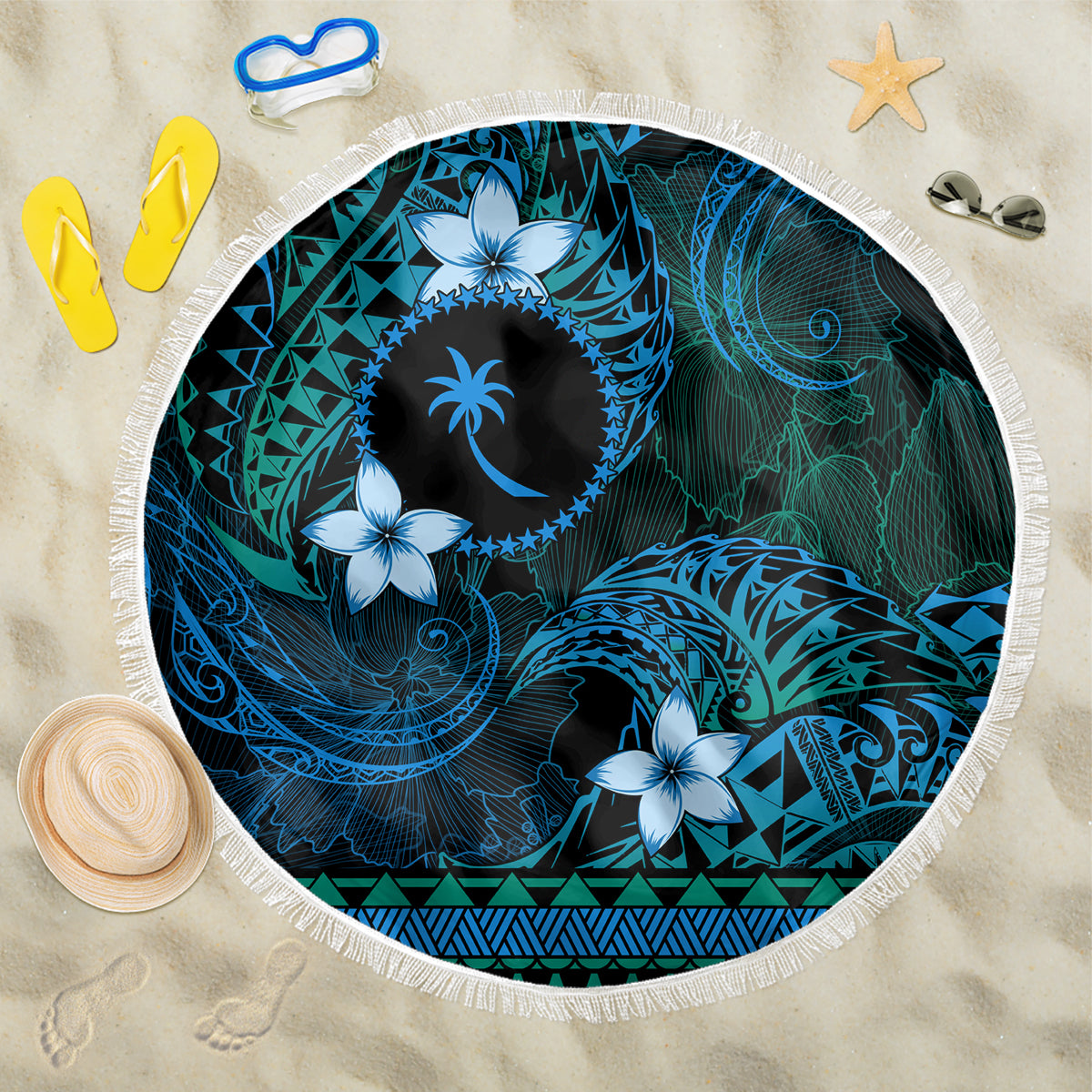 FSM Chuuk State Beach Blanket Tribal Pattern Ocean Version