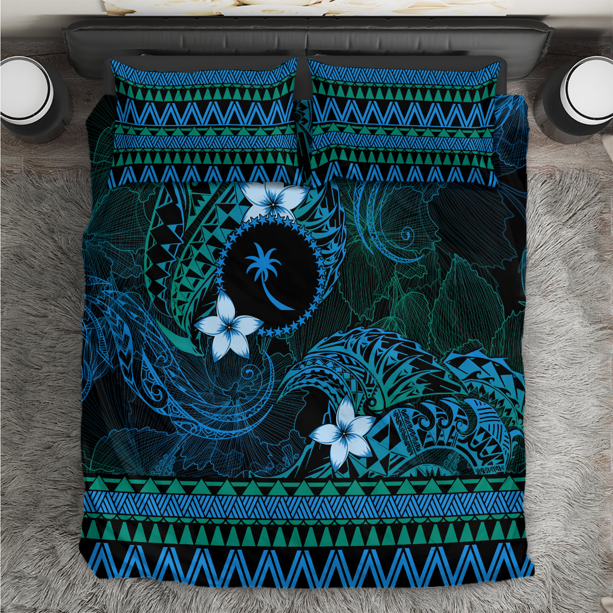FSM Chuuk State Bedding Set Tribal Pattern Ocean Version LT01 Blue - Polynesian Pride