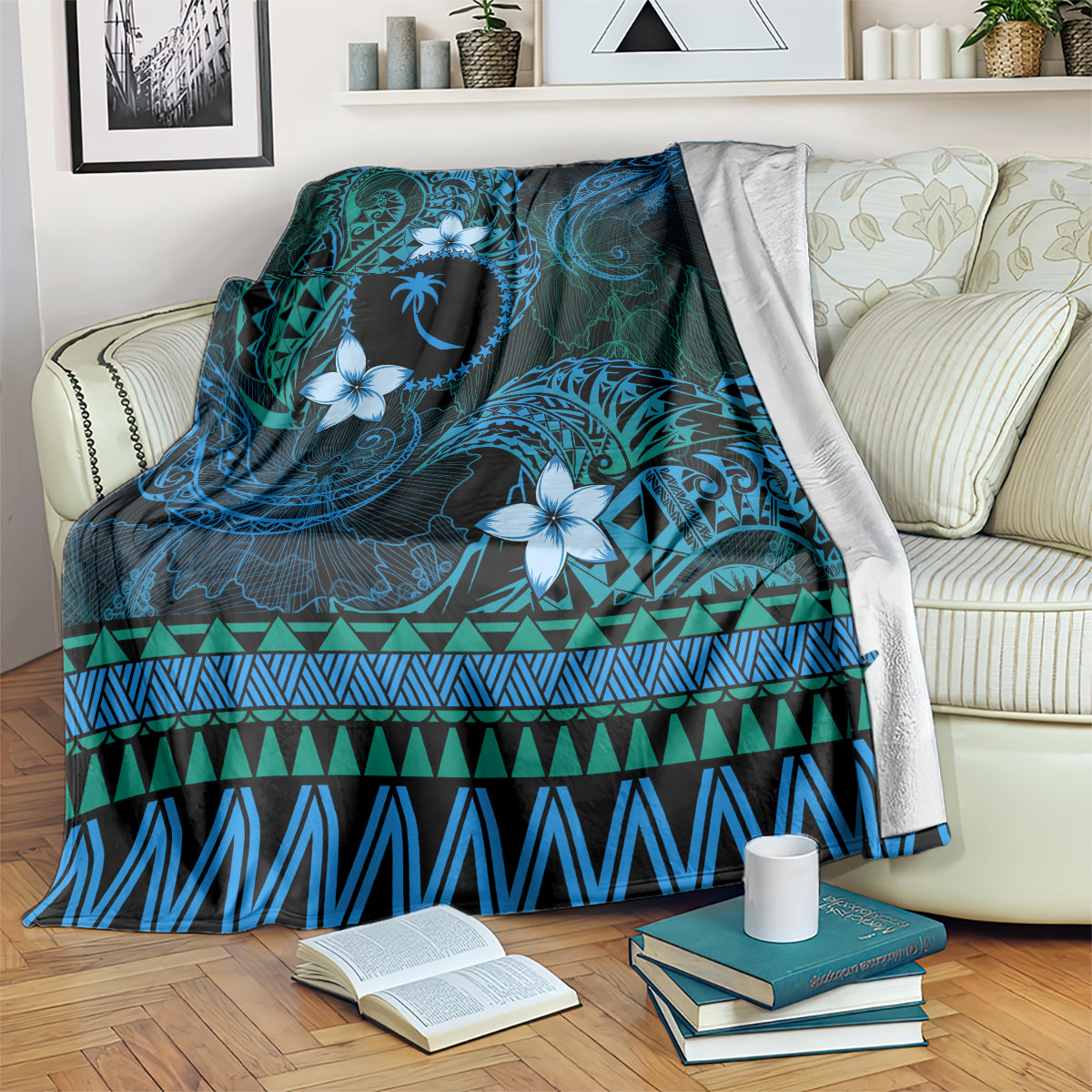 FSM Chuuk State Blanket Tribal Pattern Ocean Version LT01 Blue - Polynesian Pride