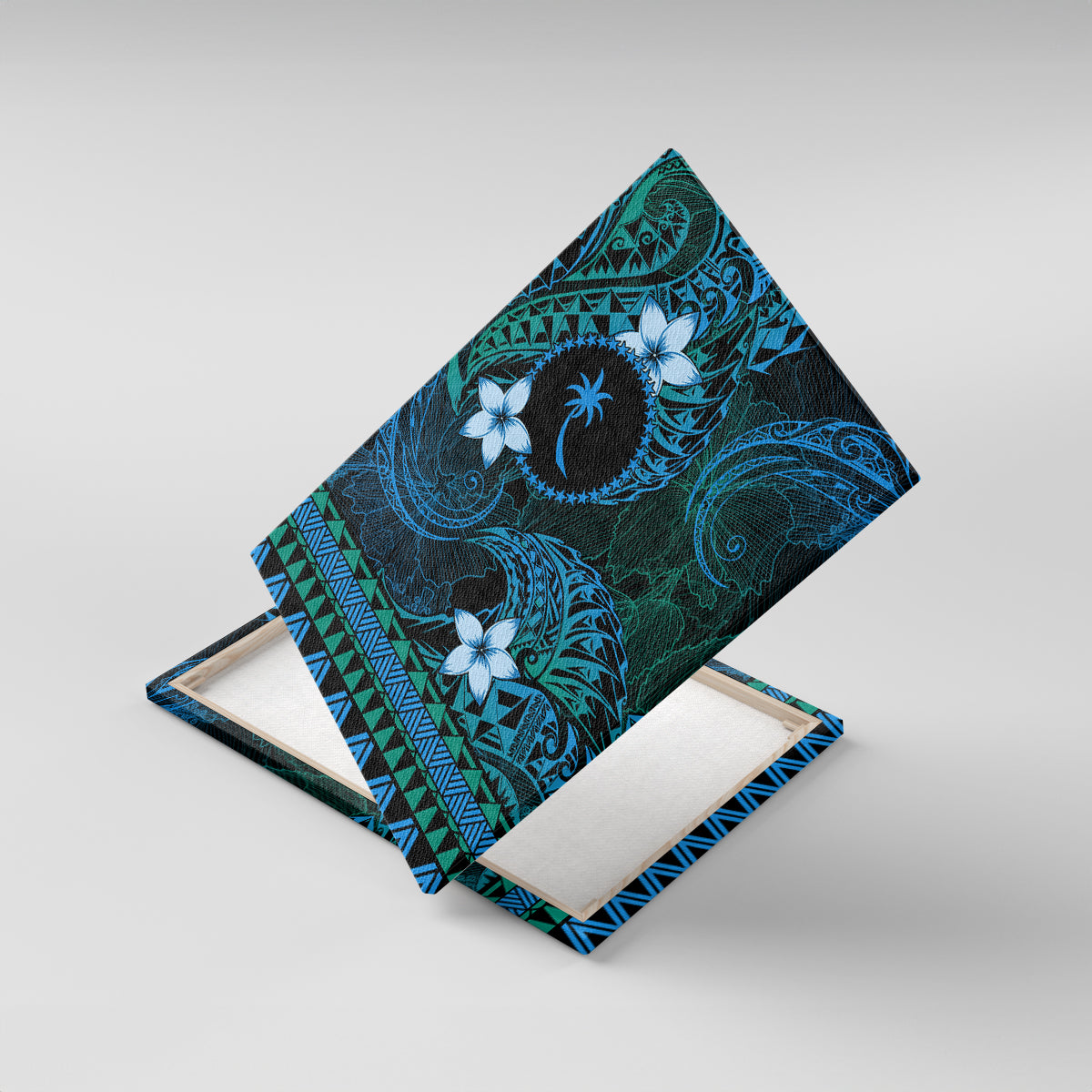 FSM Chuuk State Canvas Wall Art Tribal Pattern Ocean Version LT01 With Frame Blue - Polynesian Pride
